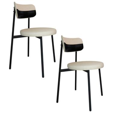 Imagem de Cadeira De Jantar Estofada Kit 2 Nyka M25 Linho Areia/preto - Mpozenato
