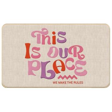 Imagem de WARDOS This is Our Place Tapete de porta rosa retrô descolado, tapetes de porta estéticos modernos para meninas, quarto, dormitório, apartamento, porta da frente interna e externa, 43 x 76 cm