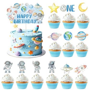 Imagem de 53 Pack First Trip Around The Sun Cake Cupcake Toppers Blue Outer Space Man Galaxy Rocket Astronaut Planet Moon Spaceship Universe Theme Kids Boys 1 Year Old Birthday Cake Party Supplies Decorations