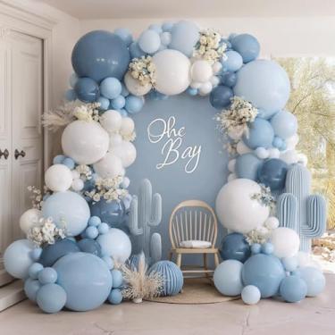 Imagem de Arco de balão branco azul empoeirado, guirlanda de balões azuis empoeirados dourados para aniversário, casamento, formatura, festa, revelação de gênero, boho, decorações de noiva