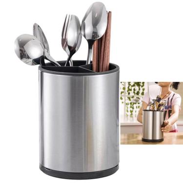 Imagem de Porta Talheres Utensilios Base Giratoria Inox Bancada Cozinha Suporte Pia Mesa Organizaçao Limpeza Multiuso Resistente