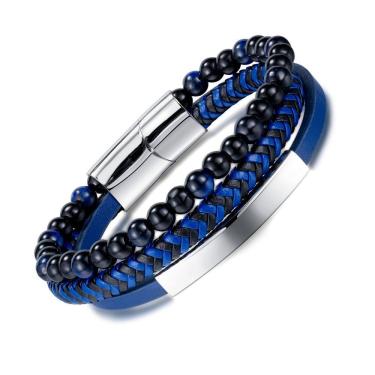 Imagem de Pulseira de miçangas de vidro preto para homens, trançada azul de várias camadas