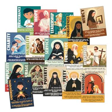 Imagem de Catholic Saints Posters for Kids - Conjunto de 16 (11x14) Decoração de sala de aula cristã sem moldura - Citações de virtudes bíblicas de santos - Decorações de quadro de avisos de escola dominical e
