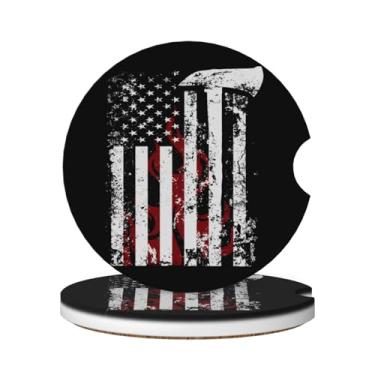 Imagem de KOSUES Porta-copos de cerâmica absorvente bandeira de bombeiro com machado de chama americana 2 unidades de porta-copos de inserção redonda porta-copos de carro com entalhe de dedo base de cortiça