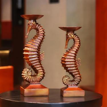 Imagem de Castiçal de cavalo-marinho de bronze antigo de 38 cm de altura, conjunto de 2 estátuas, elegante, decoração de casamento, tema náutico costeiro, presentes para amantes da marinha do mar