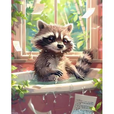 Imagem de XTXGERL Pintura de guaxinim na banheira para adultos, pintura por números, banheiro, kit de pintura de animais fofos por números para adultos para decoração de parede de casa (40,6 x 50,8 cm) sem
