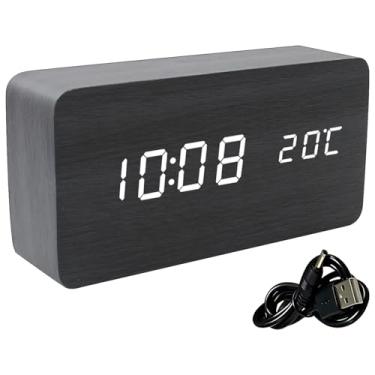 Imagem de Relógio de parede LED digital, multifuncional, design de madeira preto moderno, exibição de tempo e temperatura, relógio atômico, bateria USB e alimentado, estudantes e quartos para ótimo