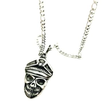 Imagem de Corrente com Pingente Caveira com Quepe Estilo Militar em Aço Inox