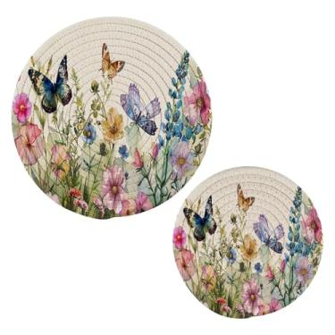 Imagem de Blueangle 2 peças de porta-panelas coloridas de ervas e flores - conjunto de pegadores de panela de tecido redondo - almofadas quentes trançadas de algodão - porta-copos - tapetes de mesa para