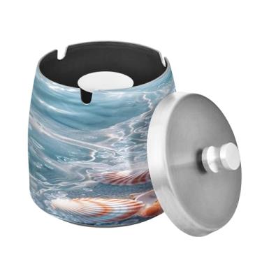 Imagem de Blueangle Lindo cinzeiro de praia tropical com tampa para cigarros, à prova de vento/chuva, aço inoxidável, sem fumaça, inodoro, cinzeiro para uso interno ou externo (99)