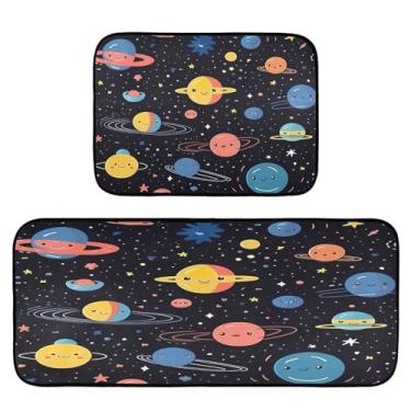 Imagem de Wassud Tapetes de cozinha padrão planetas para decoração de casa tapetes de cozinha acolchoados antifadiga tapetes de cozinha antiderrapante lavável essencial de cozinha conjunto de 2