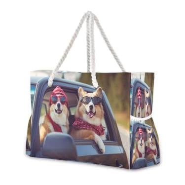 Imagem de Wassud Bolsa de praia grande para mulheres, dois cães corgi legais, à prova d'água, à prova de areia, bolsa de viagem com zíper e bolso para piscina, academia, acampamento