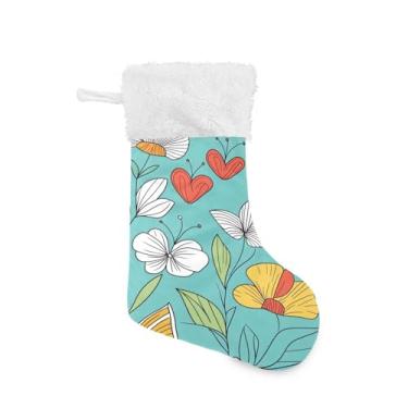 Imagem de Wassud Meia de Natal fofa com punho branco ilustração de jardim de primavera 45,7 cm grande para decoração de lareira de lareira 1 pacote