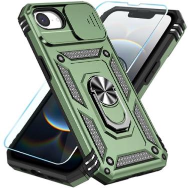 Imagem de SunStory Capa compatível com iPhone 16e com protetor de tela HD e capa de câmera deslizante e suporte de anel girado, capa de telefone [de grau militar] (verde militar, para iPhone 16e)