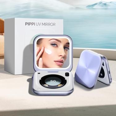Imagem de inewme Espelho de proteção solar UV com luz LED de 3 cores, sensor de umidade e UV em tempo real, espelho de maquiagem dobrável para viagem, ferramenta compacta portátil de cuidados com a pele com