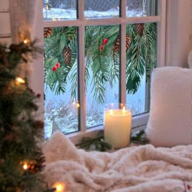 Imagem de Liwo Película de janela manchada dupla face de pinheiro aquarela com pinha, adesivos de Natal com aderência estática não adesiva para porta de vidro 40 x 120 cm