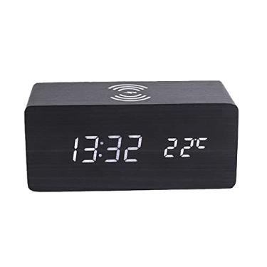 Imagem de Relógio de Alarme Digital Madeira com Display LED Eletrônico Carregamento Sem Fio 10W 3 Configurações Data e Temperatura 2 Modos Exibição Níveis Brilho Formato 12 24H Indicado para Quarto