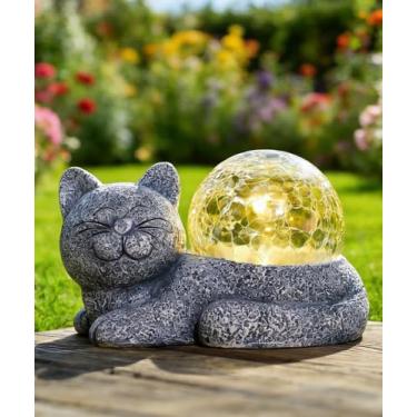 Imagem de Fashionoda Luzes solares de estátua de jardim de gato para decoração ao ar livre com vidro rachado, estatueta de LED, iluminação de resina, decorações de gato suculento, pátio, gramado, quintal