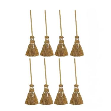 Imagem de Conjunto de 8 vassouras de bruxa - adereços de vassoura em miniatura, decoração de fada, vassoura de canela, com cordas brancas, palha de Halloween, artesanato, acessório de bruxa para festa de