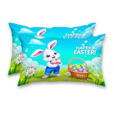 Imagem de HOMETITUTE Capas decorativas de Páscoa, conjunto de 2 fronhas de cetim, 30 x 50 cm, cesta de coelho, arte para sofá, sala de estar, casa de fazenda, férias, decorações de primavera