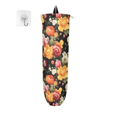 Imagem de Flores laranja e rosa em suporte de saco plástico de pano preto, suporte de saco de supermercado, suporte de saco de plástico para armário
