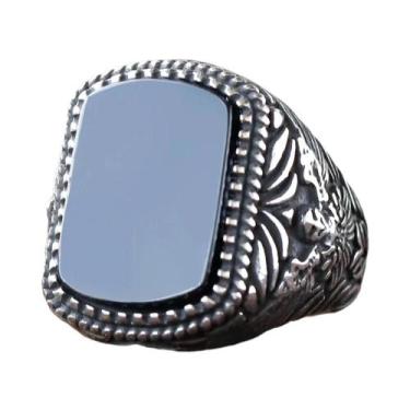 Imagem de Anel De Caveira De Ágata Preta Em Aço Inoxidável 316L Com Pedra Quadra