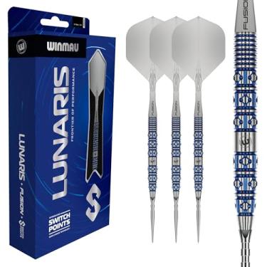 Imagem de WINMAU Dardos – Conjunto de dardos Lunaris 90% tungstênio 22 g | Eixo curto transparente Fusion | Sulco e ponto de interruptor suave | Barris cônicos azuis e prateados | Sistema de troca rápida