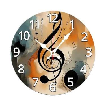 Imagem de Relógio De Parede Redondo De Madeira Silencioso Com Padrão De Notas Mu