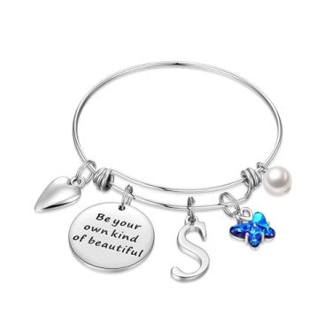 Imagem de Pulseiras com pingente inicial para mulheres joias presentes Be Your Own Kind of Beautiful Pulseira de borboleta expansível inspiradora de aço inoxidável letra A-Z presentes de aniversário e Natal