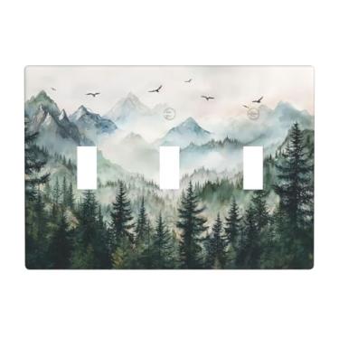 Imagem de Hizuwky Green Forest Tree Mountain 3 Gang Triple Toggle Light Switch Cover Decorativo Natureza Selva Placa de Parede Elétrica Interruptor de Luz para Quarto, Banheiro, Cozinha