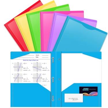 Imagem de Pacote com 6 pastas de plástico resistente com garras e bolso frontal transparente, 3 pastas com 3 pinos e 2 compartimentos para cartão, 6 pastas de arquivo de cores sortidas para papel tamanho carta