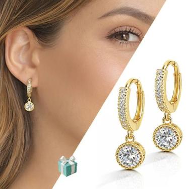 Imagem de Brinco Argola Feminina Cravejada Zircônia Semijoia Pingente Cor:Dourad