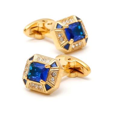Imagem de Abotoaduras: elegante, quadrada, zircônia azul, cobre banhado a ouro -