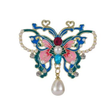 Imagem de Broche vintage de esmalte borboleta com pérolas e strass - Yiweisai