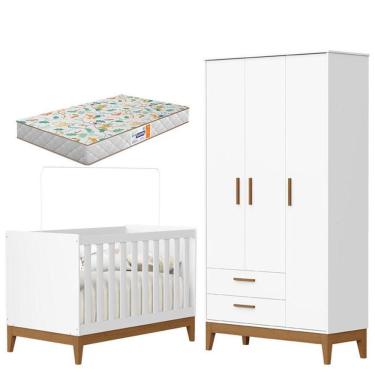 Imagem de Guarda Roupa Infantil 3 Portas Com Berço Americano Flip Branco Acetinado Com Colchão Gazin - Reller