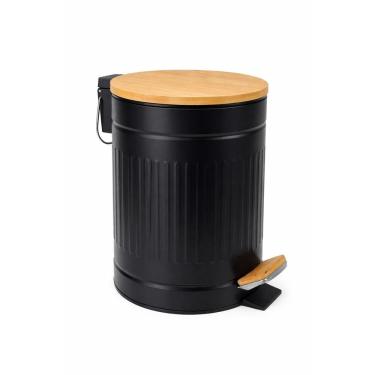 Imagem de Lixeira Com Tampa e Pedal De Bambu 12 Litros Fluted 25x37cm Jolitex  - Preta