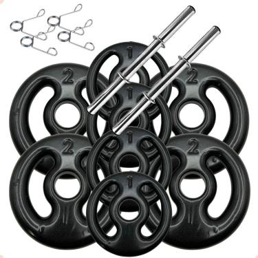 Imagem de Kit com Barras de Halteres e Anilhas Emborrachadas Preta - 12 Kg-Unissex