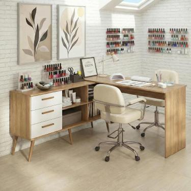 Imagem de Mesa De Manicure Profissional De Canto Em L Com 3 Gavetas Jady Multimóveis Mp6042 Madeirado/branco