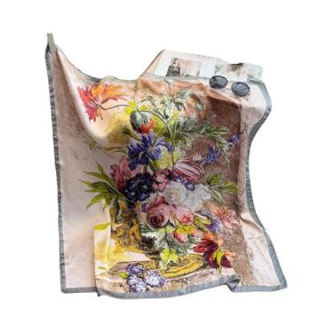 Imagem de Lenço De Seda Com Design Floral Para Mulheres 90x90cm, Protetor Solar 