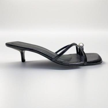 Imagem de Tamanco Preto De Dedo Com Metal Prateado Sardenha - BVSHOES, 35, Preto