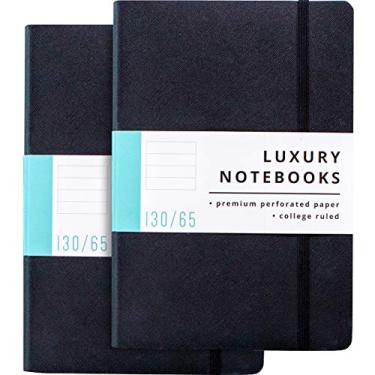 Imagem de Pacote com 2 cadernos de luxo - 130 páginas perfuradas - papel grosso (120 gsm) - design liso - 2 marcadores de livro - fecho elástico - bolso traseiro, conjunto de 2, capa macia, Preto, College ruled