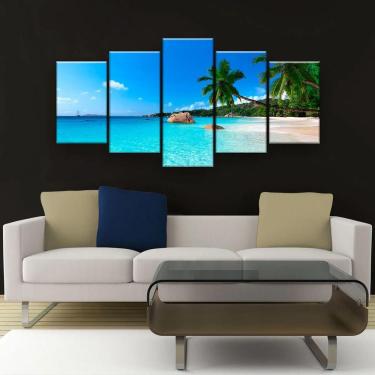Imagem de Quadro Decorativo Praia Azul Coqueiros 5pc 129x61 Sala