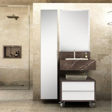 Imagem de Conjunto Max 60cm para Banheiro com Espelho, Gaveteiro, Bancada com Cuba e Armário Vertical Bumi Trufa