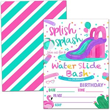 Imagem de Cartões de convite de festa de aniversário, celebração de festa inflável ao ar livre, banha escorregadia de água, artigos de festa, lembrancinhas, 20 cartões com 20 envelopes – (swim03)