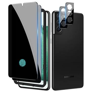 Imagem de LYWHL [Pacote com 2 + 2] Protetor de tela de privacidade para Samsung Galaxy S22 Plus [suporte para identificação de impressões digitais] + protetor de lente de câmera, filme preto de vidro temperado para Galaxy S22 Plus de 6,6 polegadas, compatível com capas