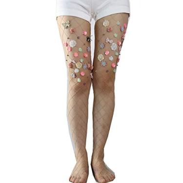 Imagem de Ulalaza Meia-calça arrastão brilhante com letras vazadas e coloridas com strass para mulheres, 7000 - flor, Tamanho Único