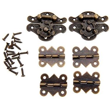 Imagem de 4 pcs armet dobradiças e 2 pcs antigas jóias de bronze caixa de madeira toggle hasp trinco acessórios de móveis de ferro hardware vintage YYDFPIIA
