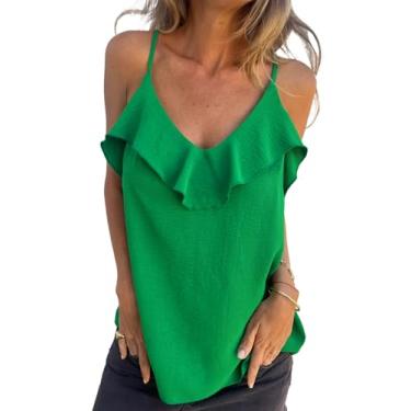 Imagem de MLEBR Camiseta feminina casual de verão com alças e babados e gola V sem mangas, Verde, M