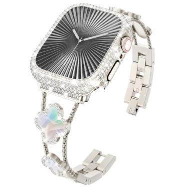 Imagem de KADES Pulseira de trevo de quatro folhas para Apple Watch Seris 10 de 42 mm com capa protetora de diamante completo [SEM protetor de tela] para Apple Watch Series 10 de 42 mm para mulheres, luz das