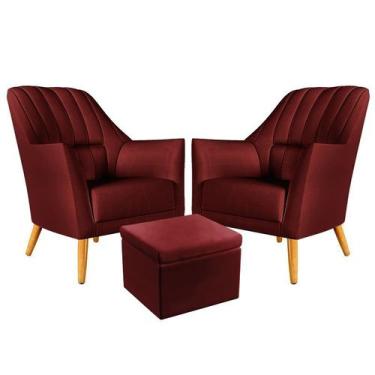 Imagem de Kit 2 Poltronas Estofada Orion Bordada com Puff Quasar Sued Bordô Arad